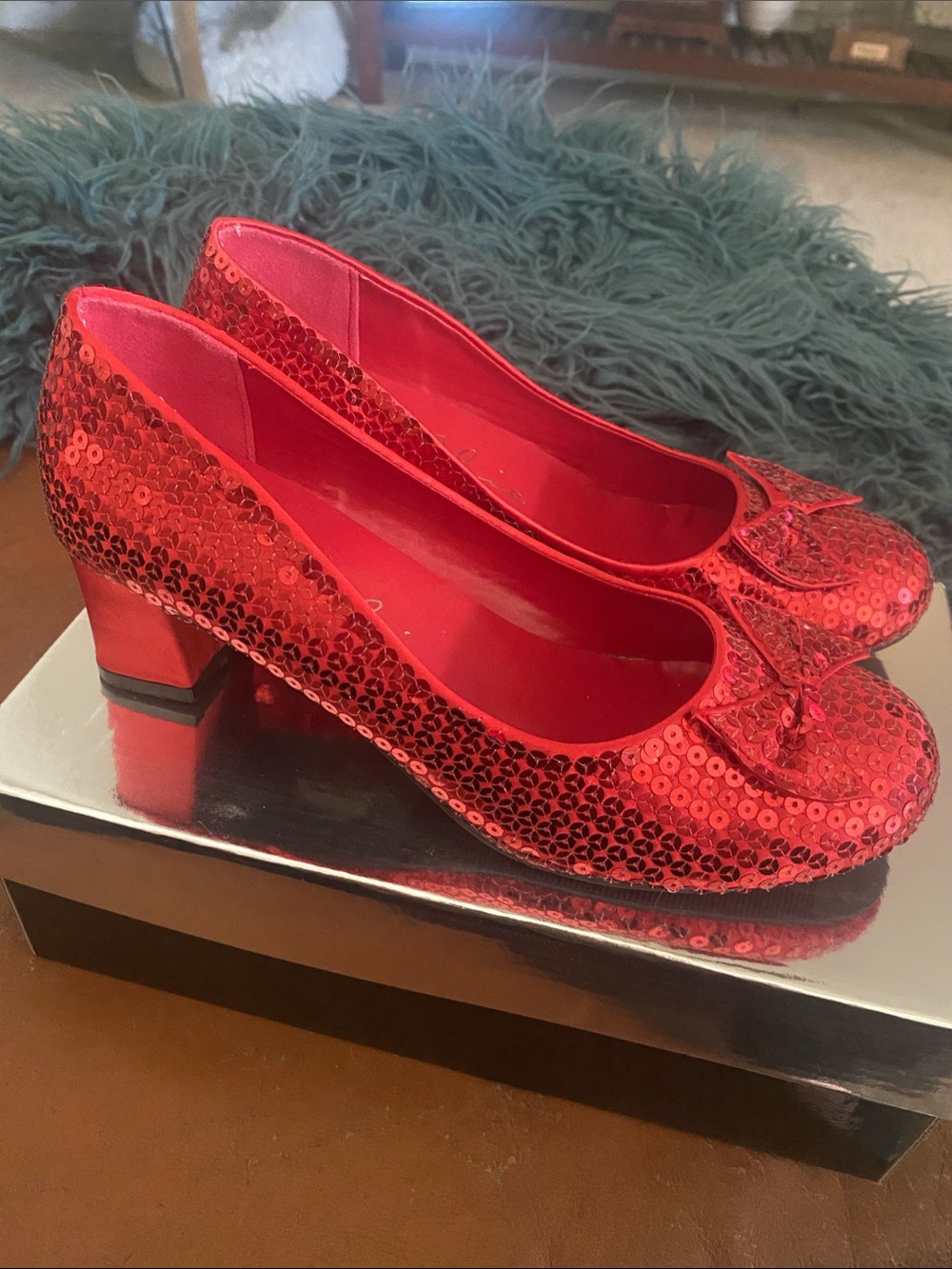 Ellie Red Sequin Mid Block Heel Pumps with Bow Accent